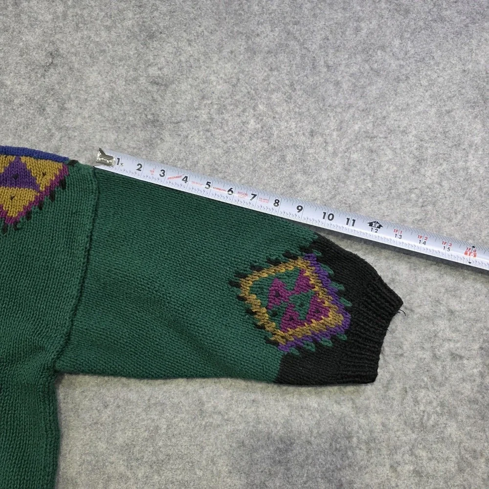 Jennifer Reed Sweater Womens Medium Green Ramie Cotton Rose Argyle Knit Pullover
